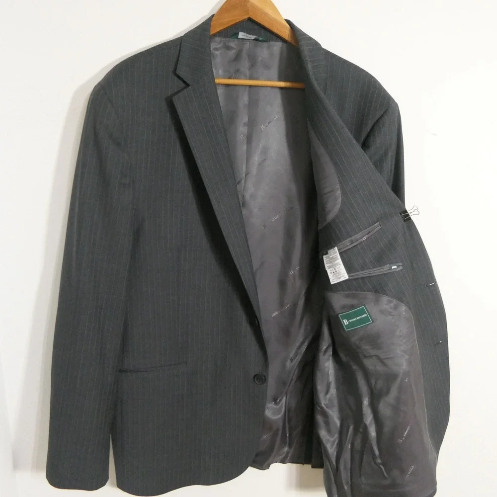 B by Brooks Brothers Mens Blazer 46R Grey Stripe Sport Coat Stretch Wool Classic